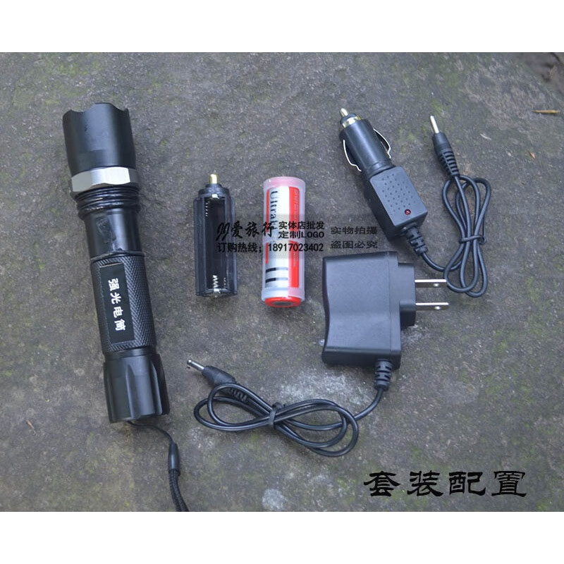 仁聚益户外强光cree q5旋转变焦锂电池充电铝合金18650手电筒可lo 车