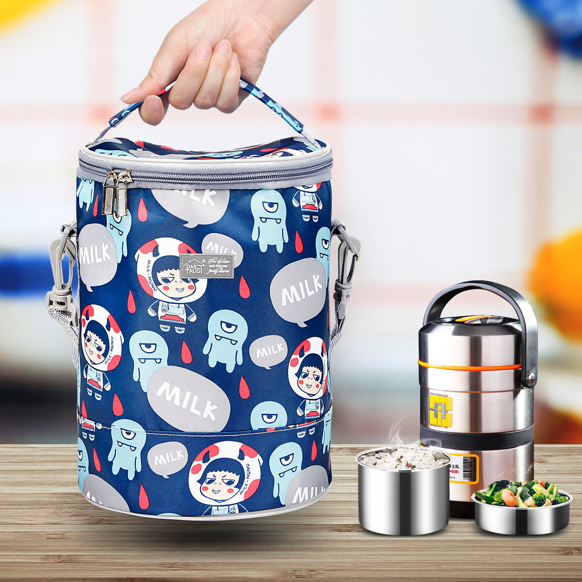 古莎（GUSHA） 圆形保温饭盒袋子套三层加厚铝箔早餐带饭兜学生装碗便当手提包 方包-黑色