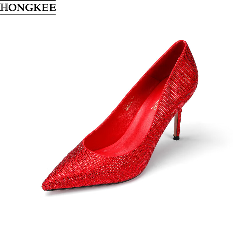 红科(hongkee)2023年春季新款尖头浅口细跟水钻优雅时尚高跟鞋女 ha83