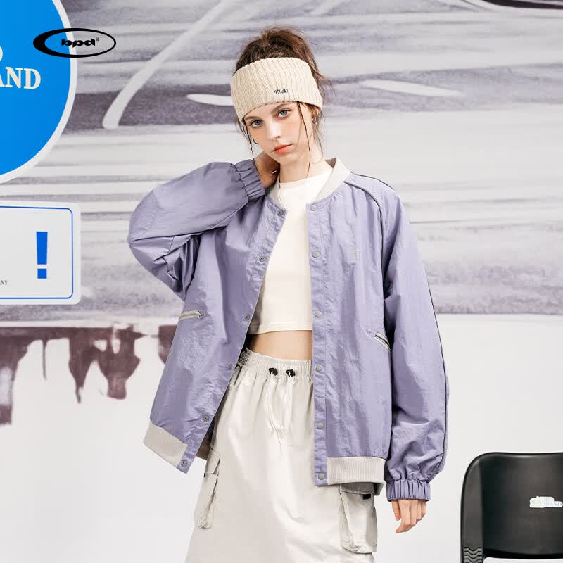 熊貓·本（ben.panda）春季美式教練夾克男工裝拼接反光條棒球服男女情侶外套 灰紫色 M