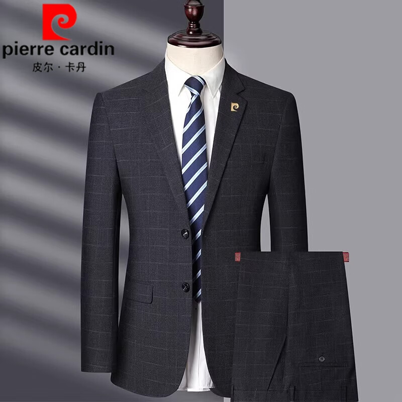 皮爾卡丹【甄貴甄選】秋季羊毛西服套裝男高端中年男士商務(wù)正裝婚禮服西裝 黑灰色1579款格紋 180碼【建議135斤-145斤】