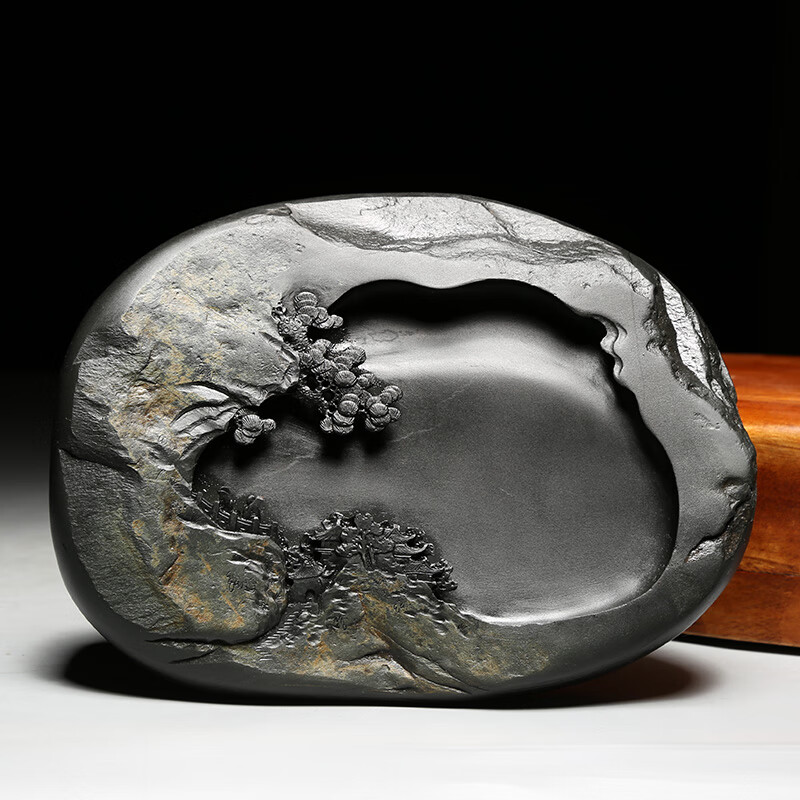 非遗老坑金皮金星黑龙尾籽料原石歙砚 匠心手刻孤品砚台 文房四宝实用