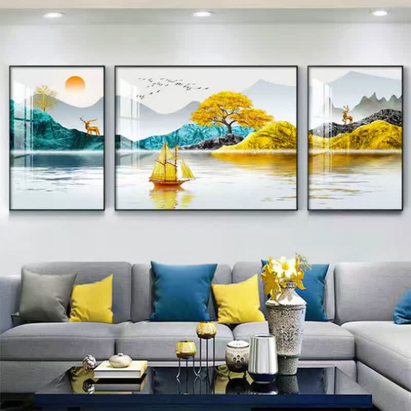 新款客厅装饰画沙发背景墙画挂画简约现代新中式壁画轻奢大气山水 06背有金山福禄 黑色-左右70*90+中间140*90属于什么档次?