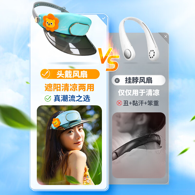 菲耐德【升级六代】头戴式风扇帽子户外随身便携小无叶风扇露营旅游充电静音制冷迷你出行学生儿童 【湖蓝色】自然风丨强劲三挡丨防晒清凉两用