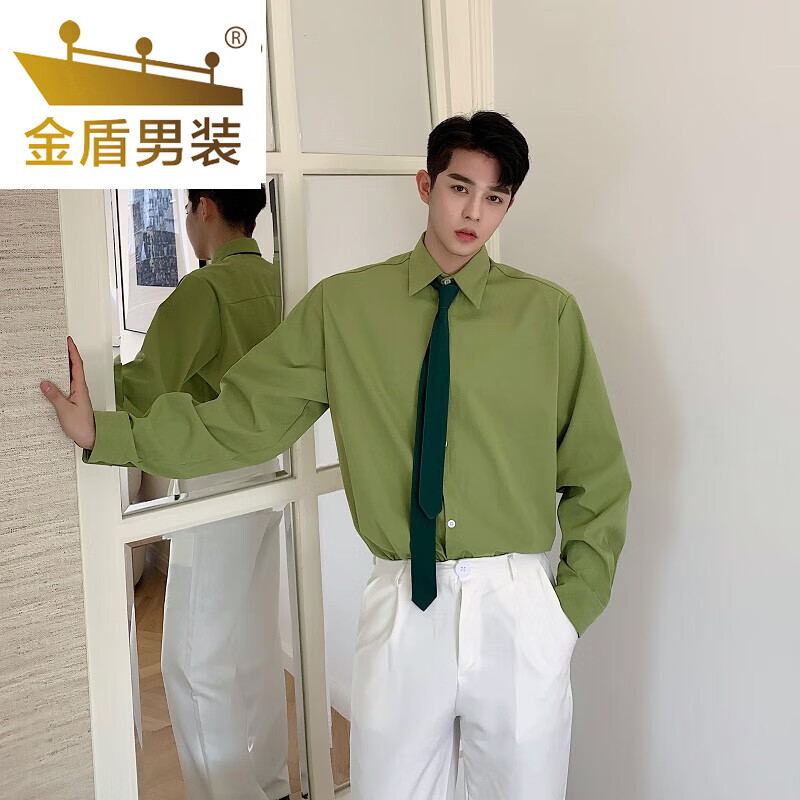 春夏季复古牛油果绿衬衫纯色撞色领带个性男士宽松发型师打底衬 绿 
