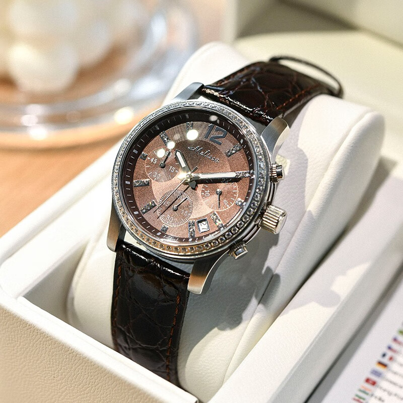 melissa 玛丽莎女士皮带手表 简约时尚气质防水女士石英表 银壳棕带