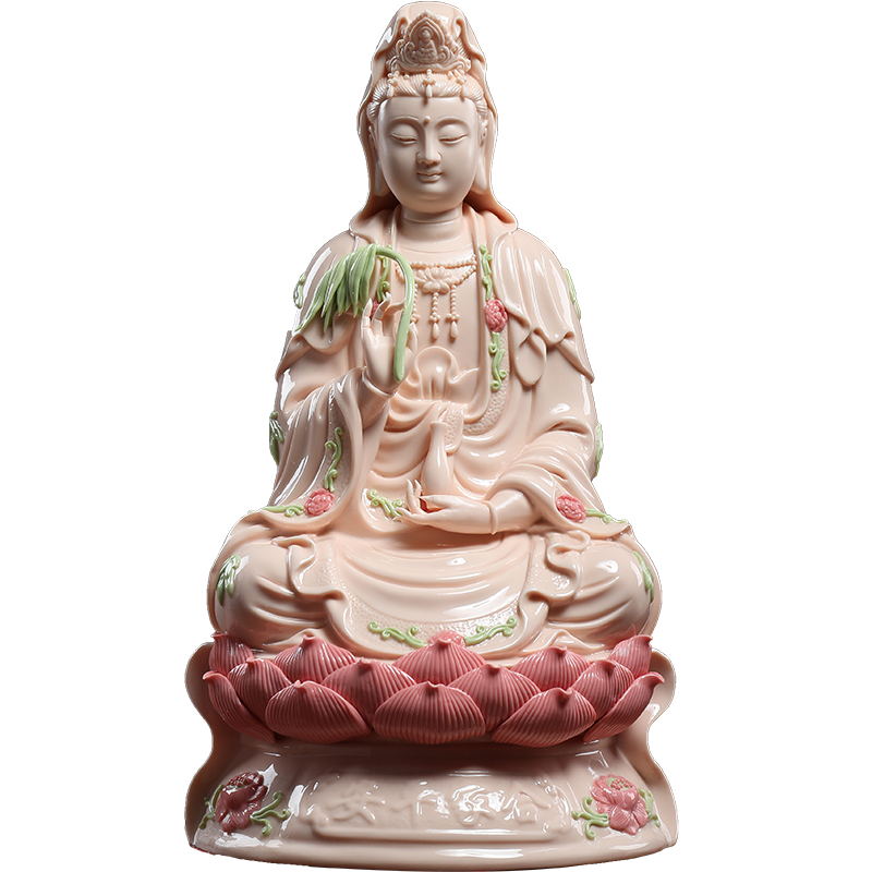 戴玉堂 德化陶瓷坐蓮觀音菩薩佛像擺件家用供奉微笑觀世音娘娘 家居客廳辦公室佛堂裝飾擺設(shè) 11吋合家平安觀音 玉紅瓷 D01-365A