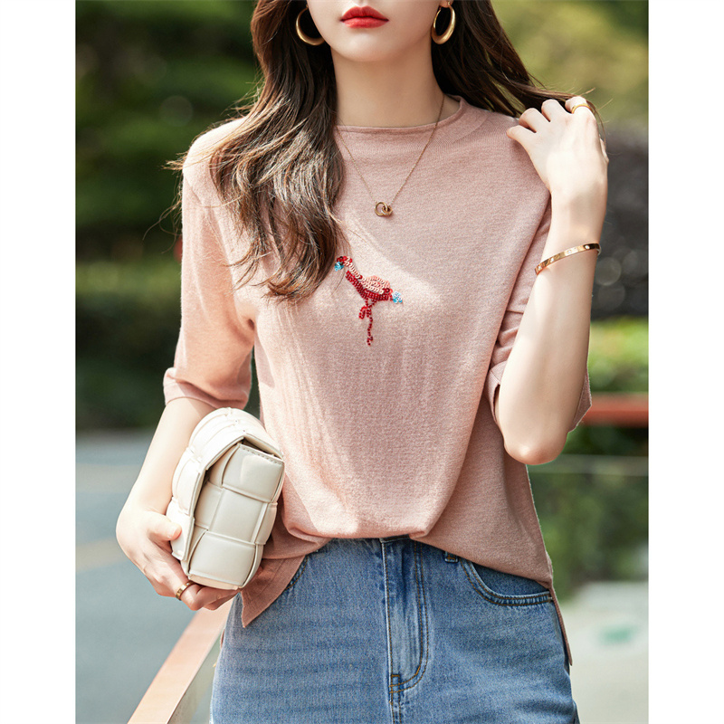 德玛纳(dme)火烈鸟线衫22秋季新通勤半高领短袖绣花毛衣女士针织衫 皮粉 XL