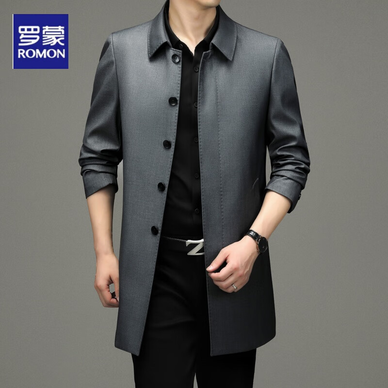 罗蒙风衣男春秋季薄款商务休闲茄克免烫中青年中长款外套 灰色 m/170