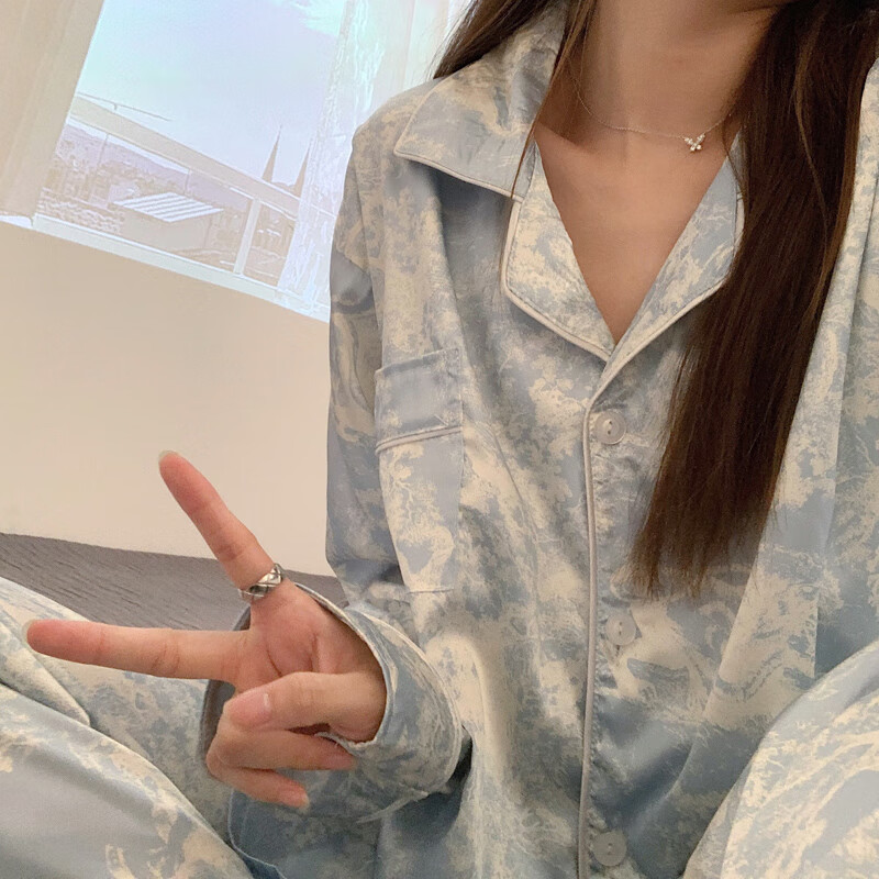 滢蓓蕾丝睡衣女春秋夏季冰丝绸2024年新款水墨画长袖薄款可外穿家居服