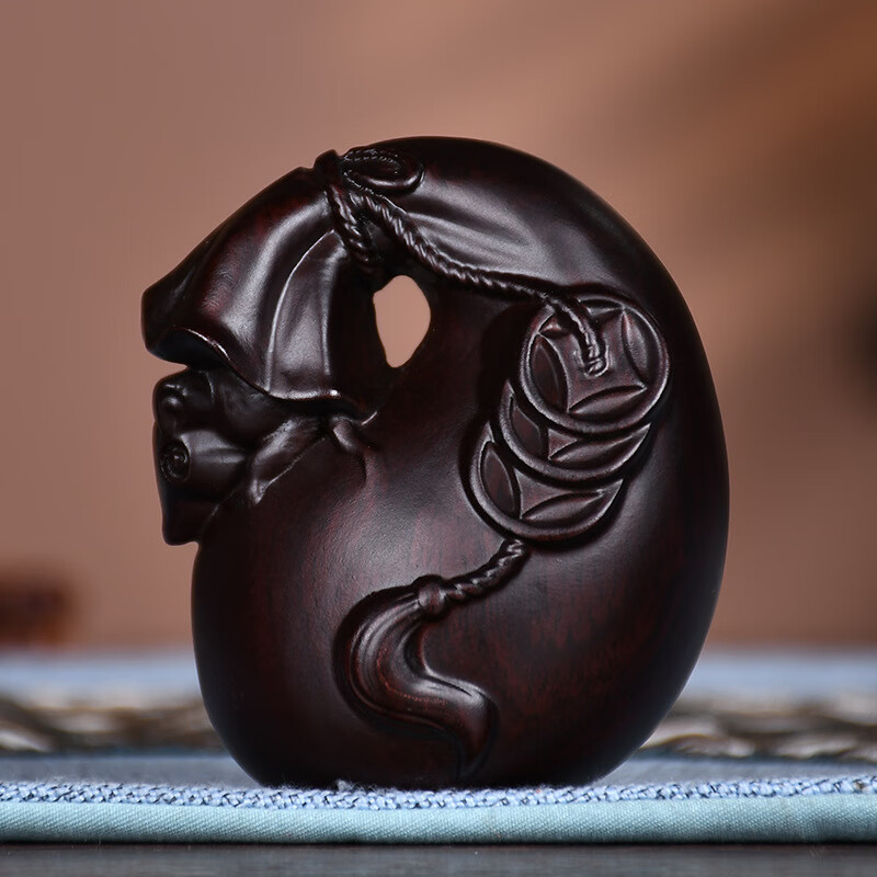 御木轩代代数钱福袋手把件 非洲黑檀木实木雕刻老鼠钱袋随身文玩把玩