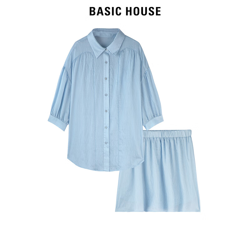 BASIC HOUSE/百家好宽松设计感衬衫女夏季新款蓝色半裙两件套 蓝色套装 S