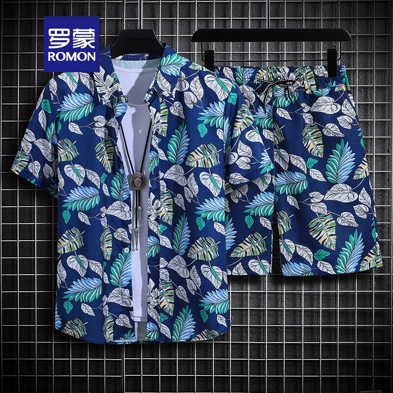 羅蒙（ROMON）夏威夷沙灘襯衫套裝男士寬松短袖泰國(guó)潮牌海南旅游冰絲半袖花襯衣 綠色襯衫+短褲 樹(shù)葉 M 90-110斤