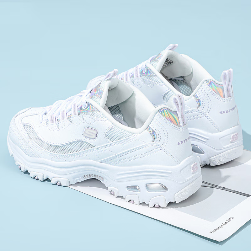 斯凯奇（Skechers）女鞋夏季2025新款熊猫鞋网面透气运动鞋增高厚底老爹鞋休闲小白鞋 白色-WHT 35