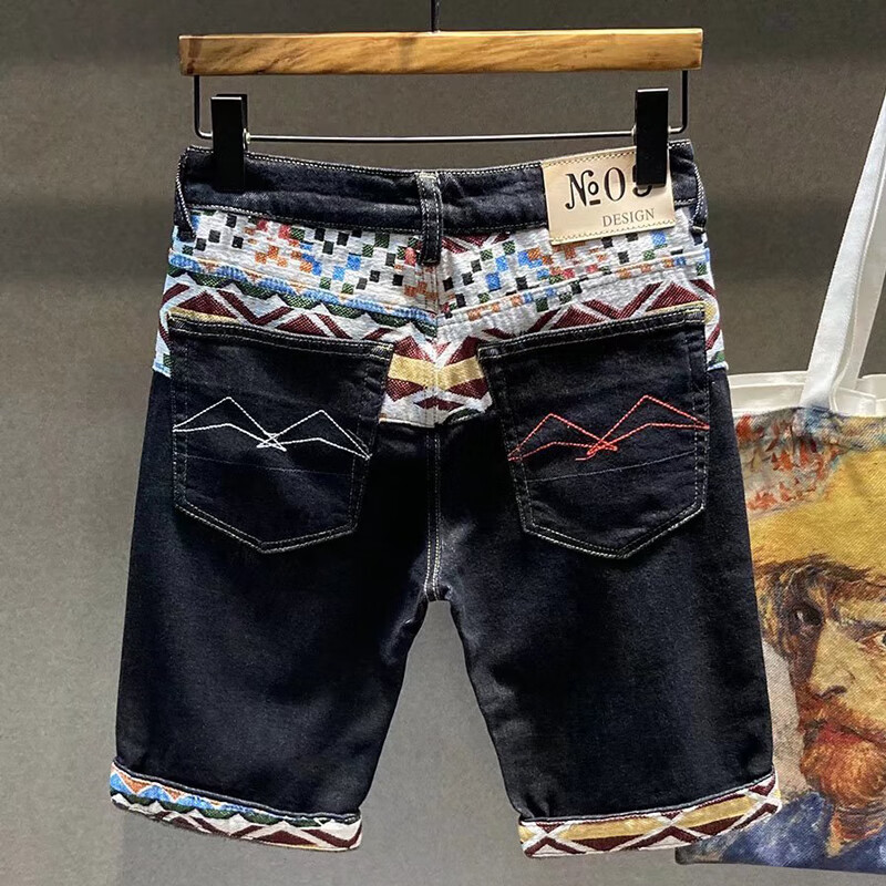 clolv kiss男装休闲拼接刺绣飞行五分牛仔短裤夏 黑色 28 建议90-100