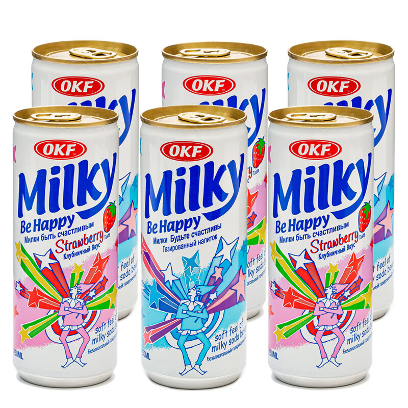 OKF 韩国进口 牛奶苏打饮料 原味、草莓味 混合果味 苏打气泡水 250ml*6听组合装