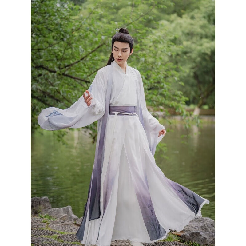 ing)成人汉服古装男春夏中国风印花套装魏晋风侠客大袖唐装 鹤连紫云