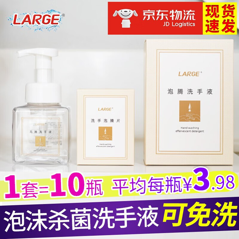 LARGE泡腾洗手液泡沫型 250ml*10 儿童家用杀菌消毒免洗型便携洗手泡腾片补充装不含酒精 标准套装:慕斯起泡瓶*1+洗手泡腾片*10