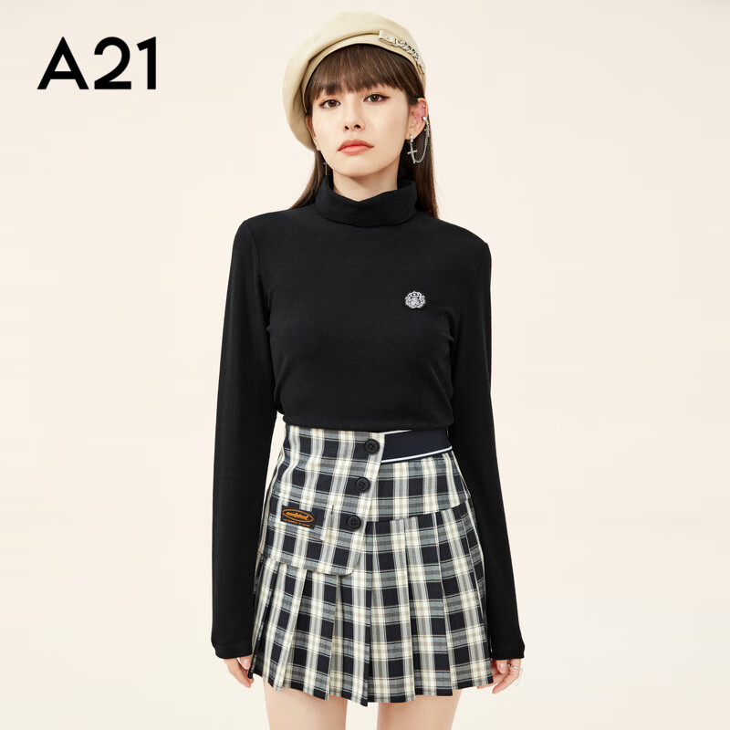A21女装针织纯色修身高领甜美风长袖T恤衫时髦显瘦减龄上衣 黑色 S