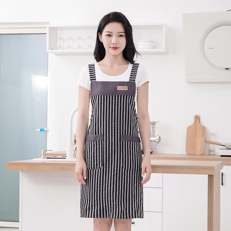 云翔四海2024新款棉布透氣家用廚房圍裙背帶圍腰網(wǎng)紅罩衣女時(shí)尚做飯工作服 黑色簡(jiǎn)約條紋 背帶棉圍裙2條裝
