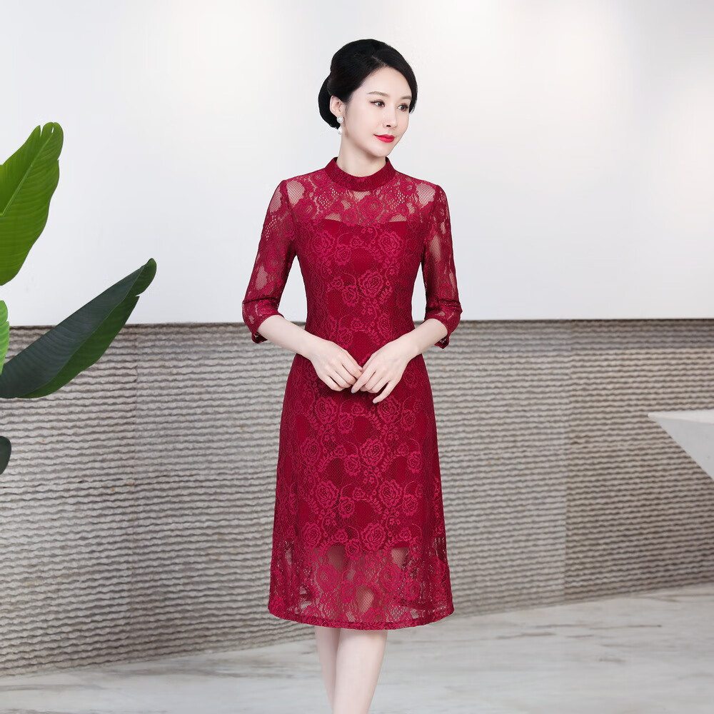 鸿韵绣蕾丝旗袍改良复古中国风修身旗袍敬酒服中长款秋装新款旗袍裙