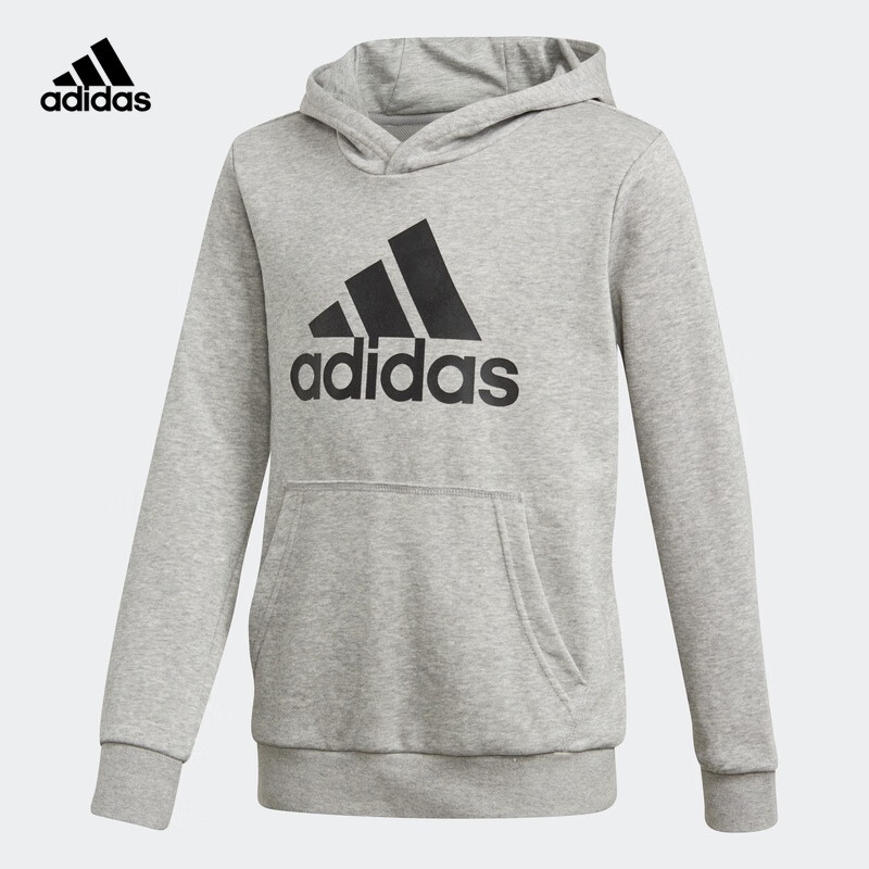 阿迪达斯官网 adidas YB LOGO HOOD 大童装训练运动连帽卫衣DJ1752 中麻灰/黑色 140CM