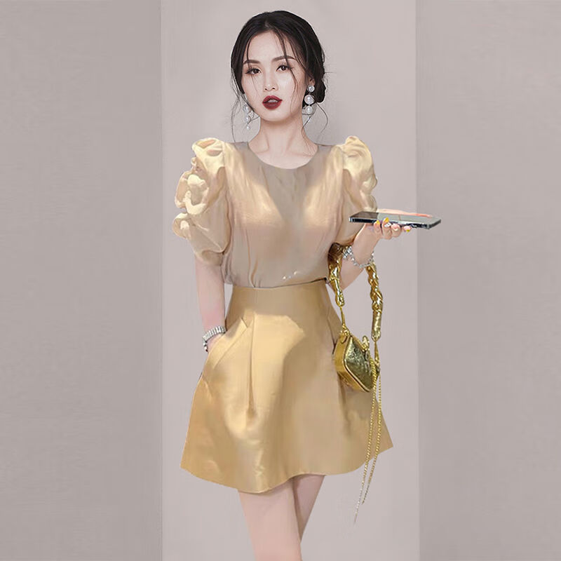 anmifu 安蜜芙30岁女人穿的气质女装夏季法式泡泡袖衬衫短裙套装2024
