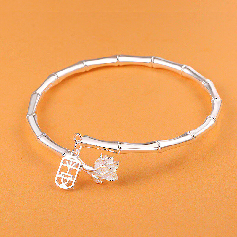 足银手镯女竹节开口年轻款竹报平安手环镯子生日情人节