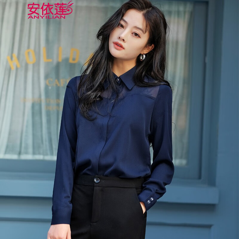 长袖衬衣女春夏新款小众复古港味衬衫网纱拼接打底上衣 深蓝色衬衫 s