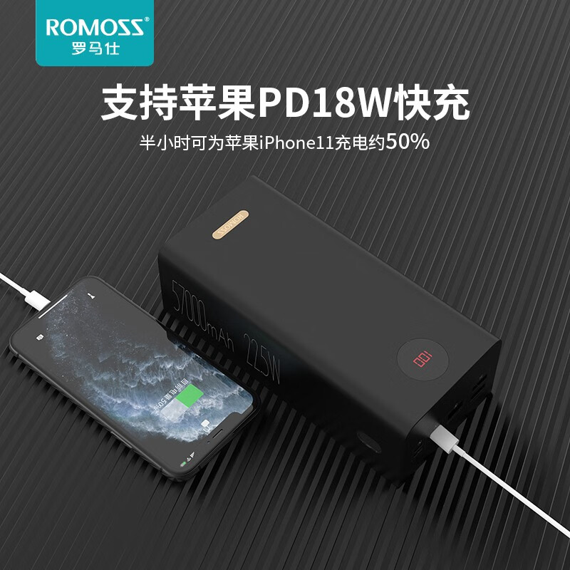罗马仕PEA57移动电源57000毫安时22.5W充电宝智能数显户外电源双向快充适用于苹果华为小米 黑色