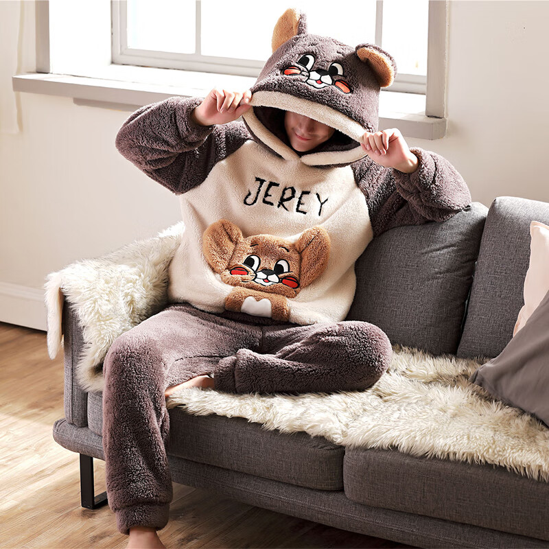 萧淑妃 冬季加厚保暖连帽法兰绒男士睡衣可爱卡通青少年学生加大码珊瑚绒家居服套装 杰瑞鼠 XXXL