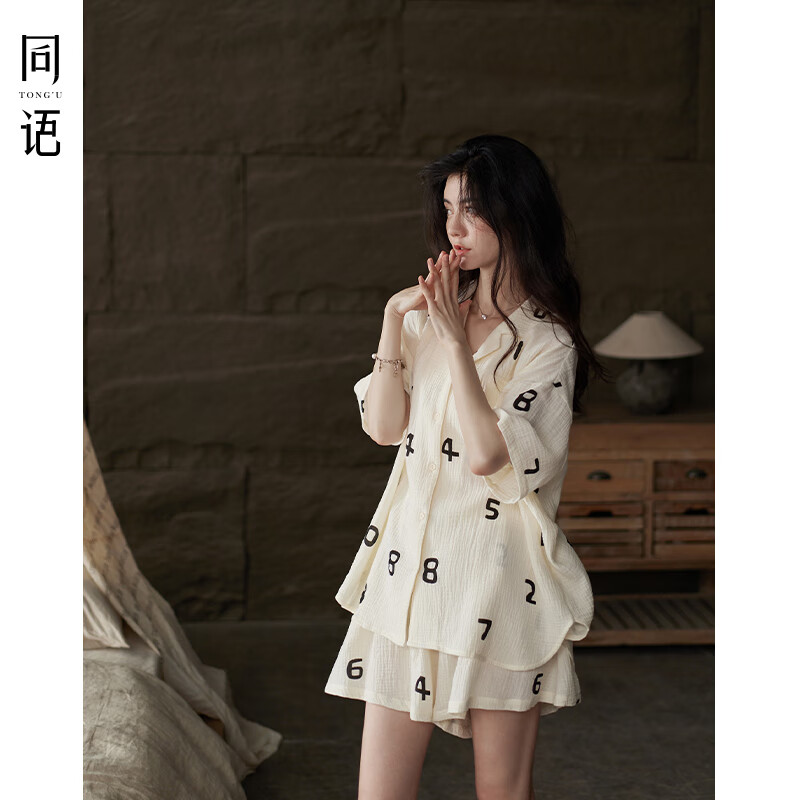 同语睡衣女夏季纱布梭织纯棉短袖套装女士休闲城市轻户外家居服薄礼物 女士-Z3230-梭织棉 M