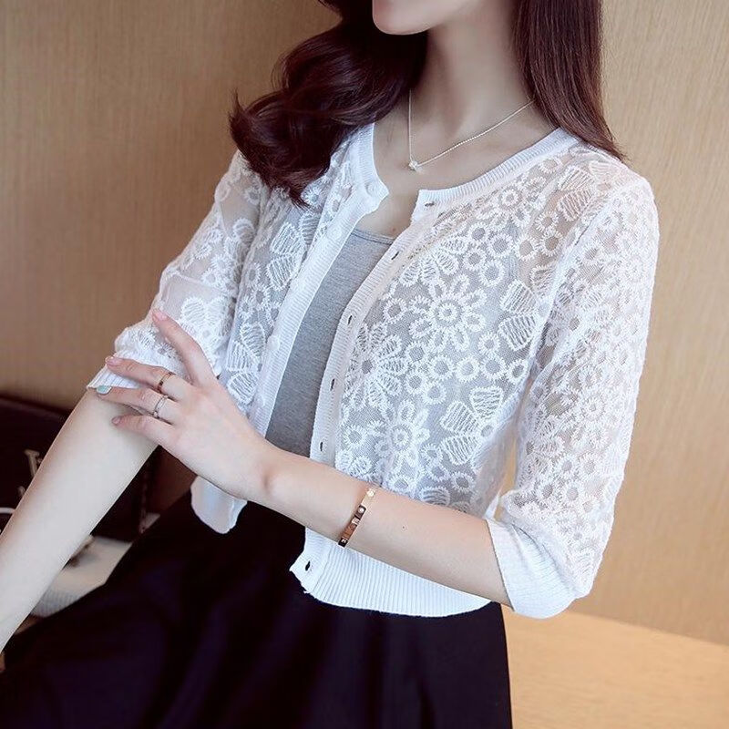 抖芊 披肩女夏外搭短款蕾丝针织小开衫新款秋季镂空外套坎肩薄款 白色