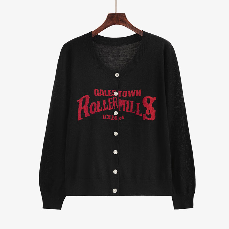 纤晟伊200斤字母针织开衫女早秋新款长袖上衣外套 黑色 xl