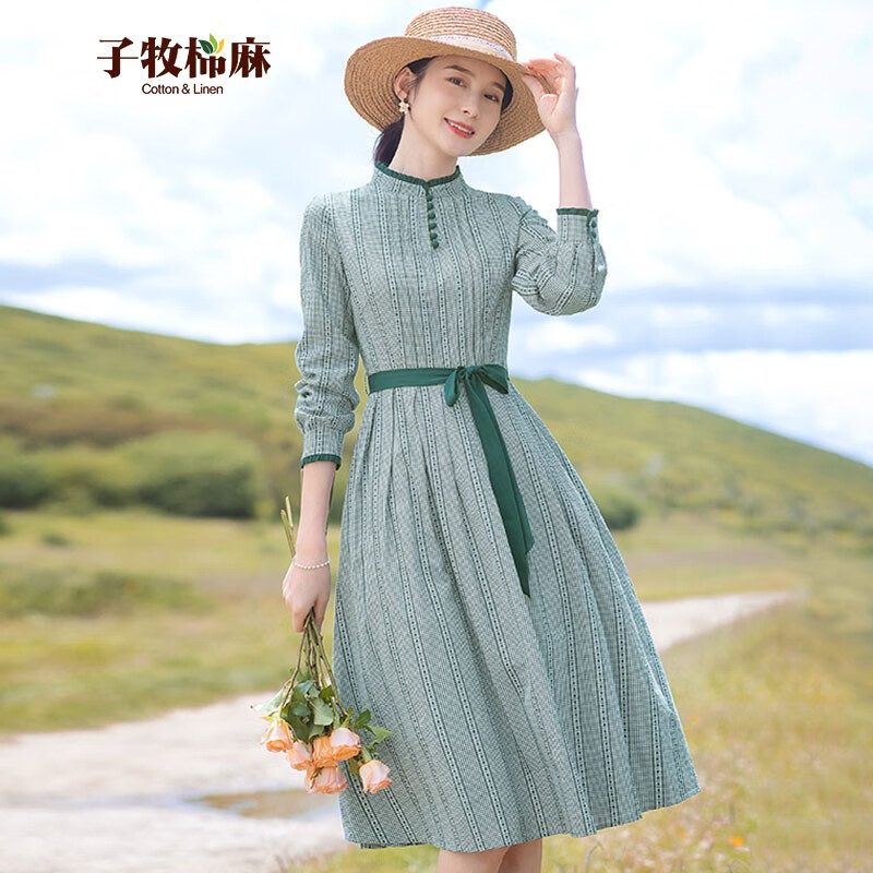 子牧棉麻2023春装 女中式立领文艺连衣裙中长款收腰显瘦裙子9732 墨