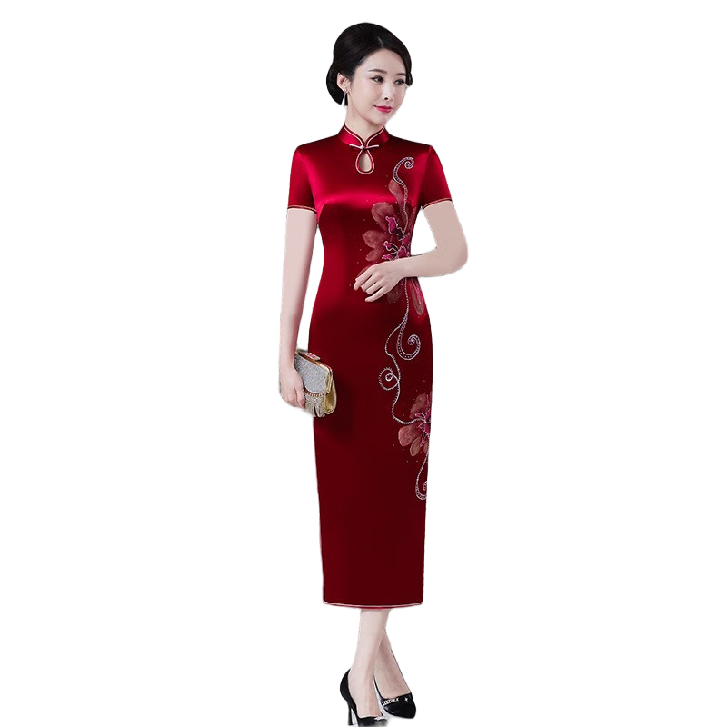 鴻韻繡旗袍中國風春夏新款優(yōu)雅復古改良時尚醋酸旗袍喜婆婆婚宴時尚禮服 酒紅色長款（短-袖）手繪 L