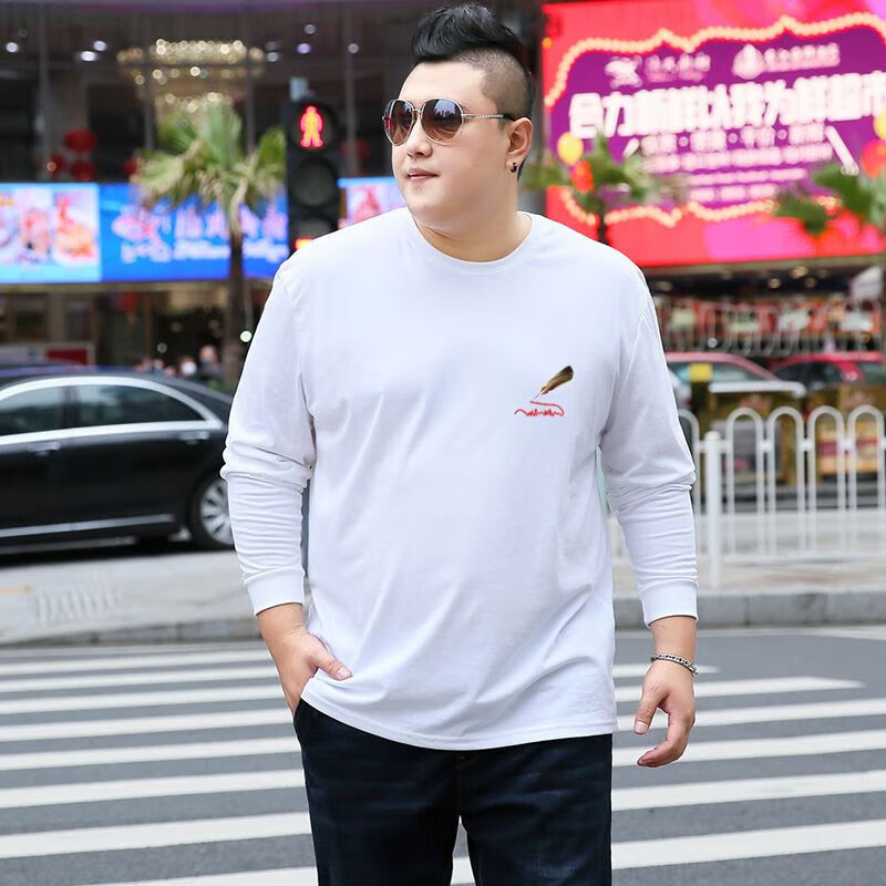 款长袖t恤胖子肥佬加肥加圆领大号打底衫t恤 白色羽毛笔 2xl150-170斤