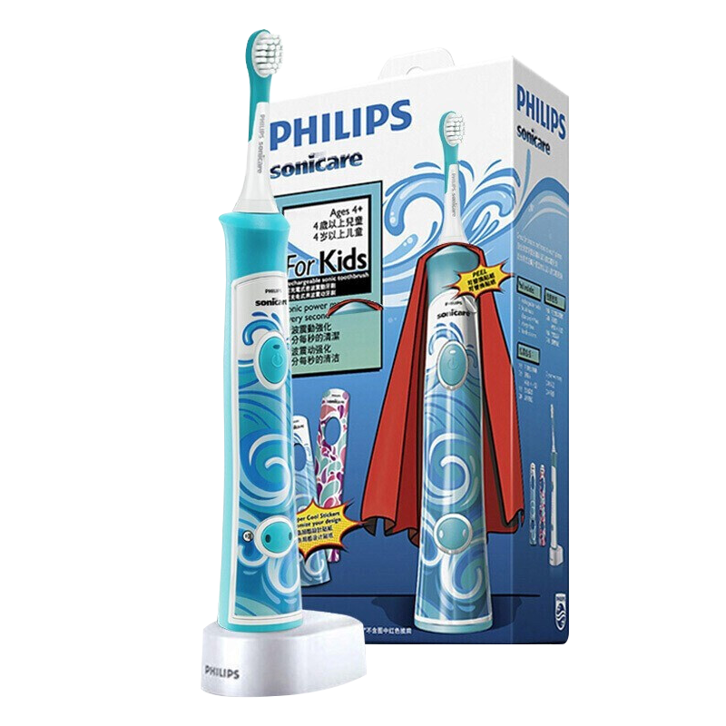 飞利浦（PHILIPS）儿童电动牙刷 4-6岁-12岁宝宝充电式声波震动牙刷2种强度(自带刷头*2) 小X子蓝色款--2种力度-升级蓝牙版