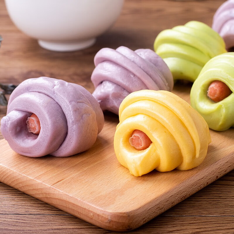 粮觅彩色果蔬热狗卷儿童卡通包子馒头营养早餐半成品速冻包子即食香肠