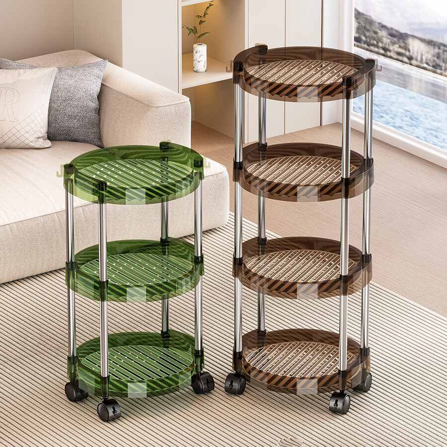 小推车置物架多层收纳架落地零食架客厅架宿舍卧室收纳架 绿色3层(豪华透明款)