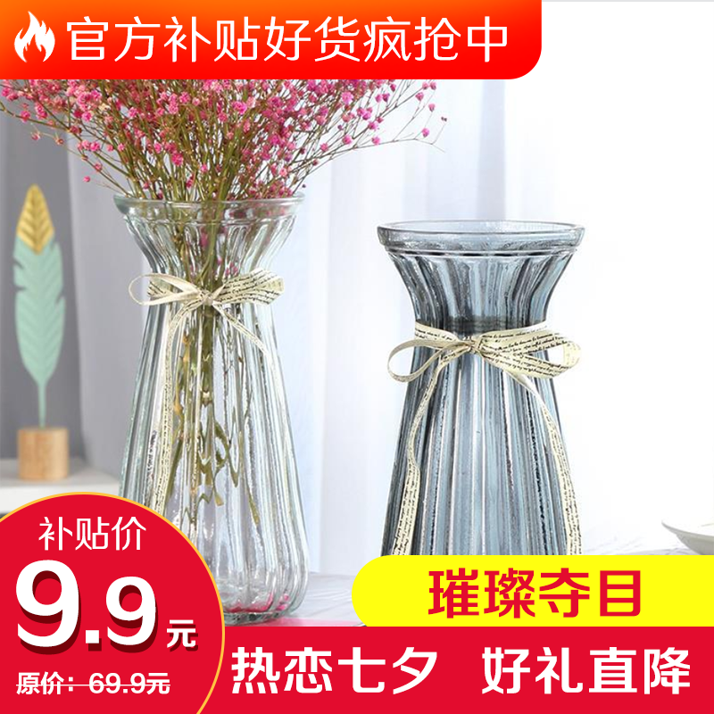 创意玻璃透明花瓶欧式水培绿萝植物花瓶百合富贵竹插花瓶干花摆件 收腰竖条（灰色+透明） 大