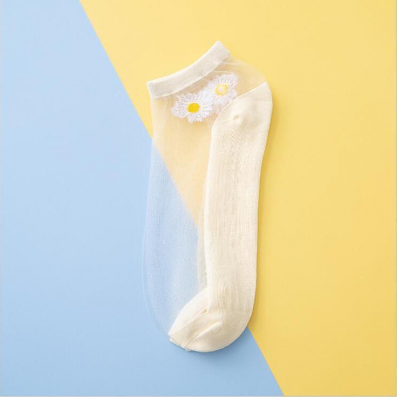 袜子女短袜夏季丝袜薄款水晶袜玻璃丝浅口船袜透明隐形棉袜小雏菊 浅黄色(5双)