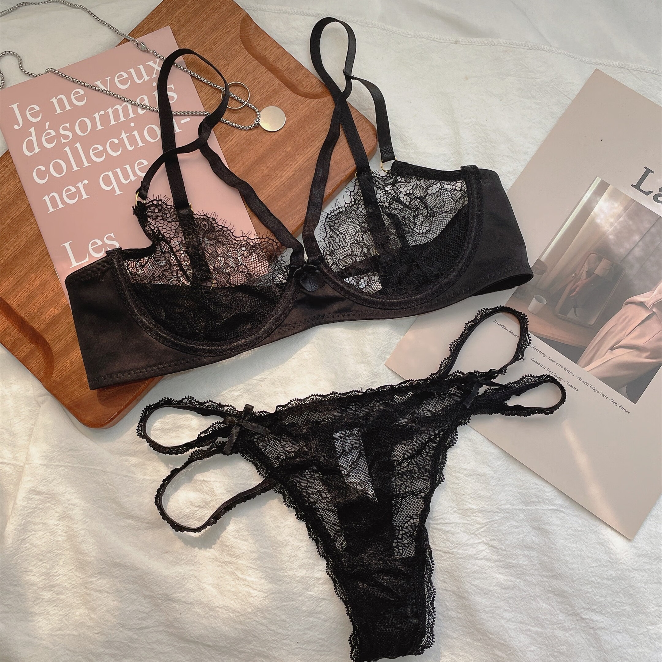 霎缦超仙蕾丝内衣少女法式文胸女有钢圈绑带性感黑色透明胸罩薄杯夏季