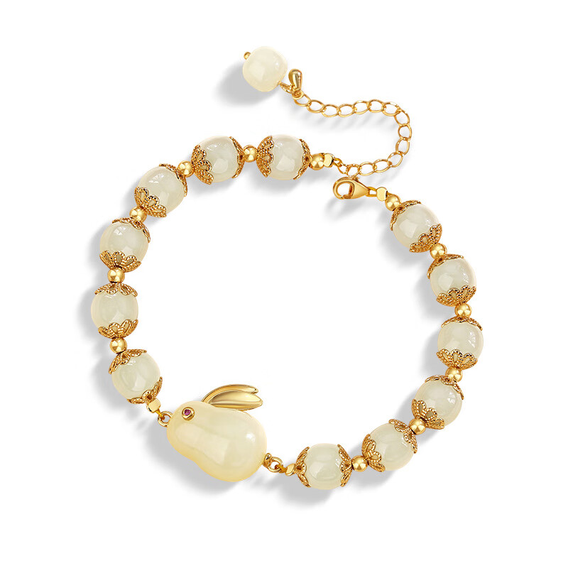 中國珠寶（Sino gem）和田玉福兔925手鏈女民族風(fēng)玉兔手環(huán)生肖手飾生日禮物送女友老婆 玉兔手串 帶鑒定證書(shū)