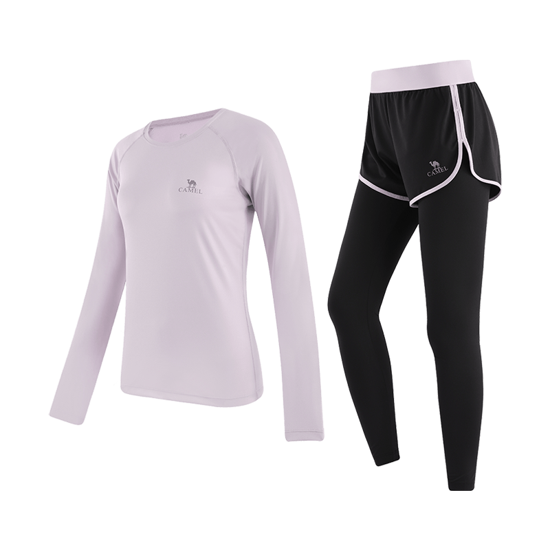 駱駝(CAMEL)長袖兩件套健身服女瑜伽運(yùn)動(dòng)裝 YK2226L5494 薄霧紫 M