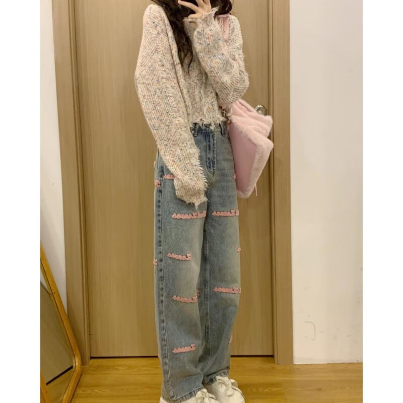 刺绣直筒牛仔裤女2023新款设计感高腰显瘦拖地裤 浅蓝色 粉色刺绣 xs