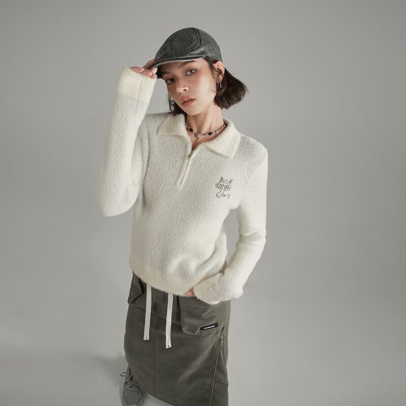 NO ONE ELSE提花针织衫女2025秋新品毛绒复古学院精灵系列毛衣 白杏 0