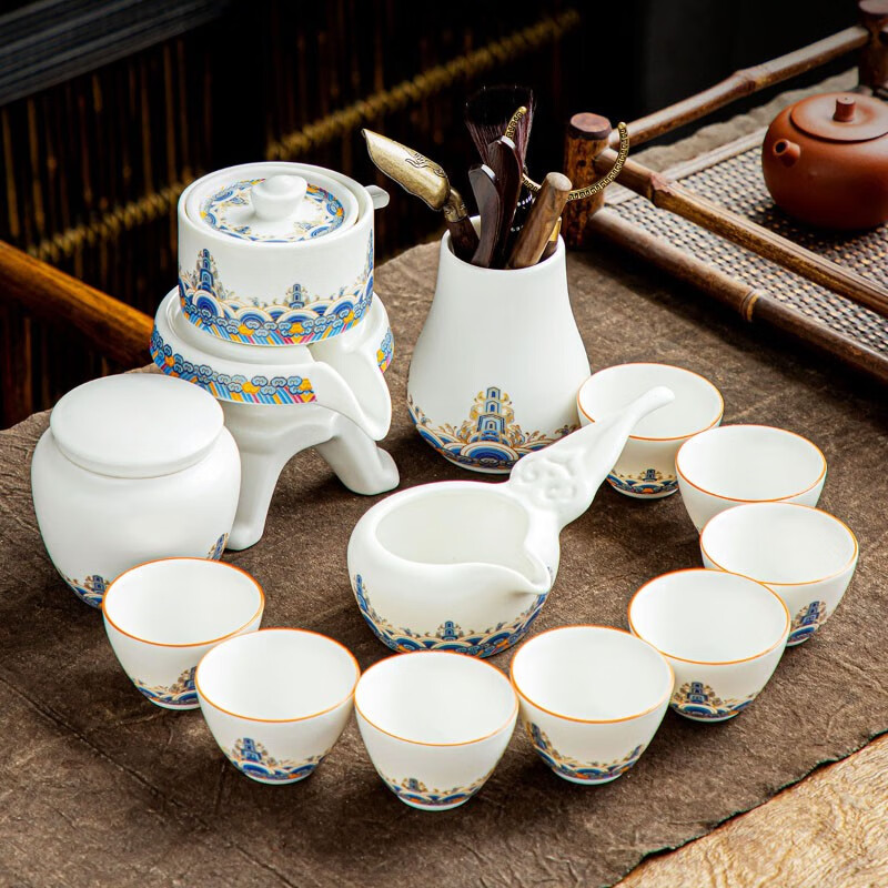 言艺（yanyi）德化羊脂玉白瓷茶具套装家用懒人陶瓷石磨自动冲泡茶器 官居一品自动茶具13头