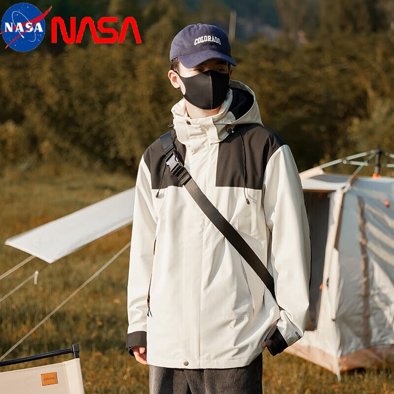 NASA RHUDE山系户外三效合一冲锋衣男女防水透气保暖休闲夹克情侣同款外套 男象牙白 XXS