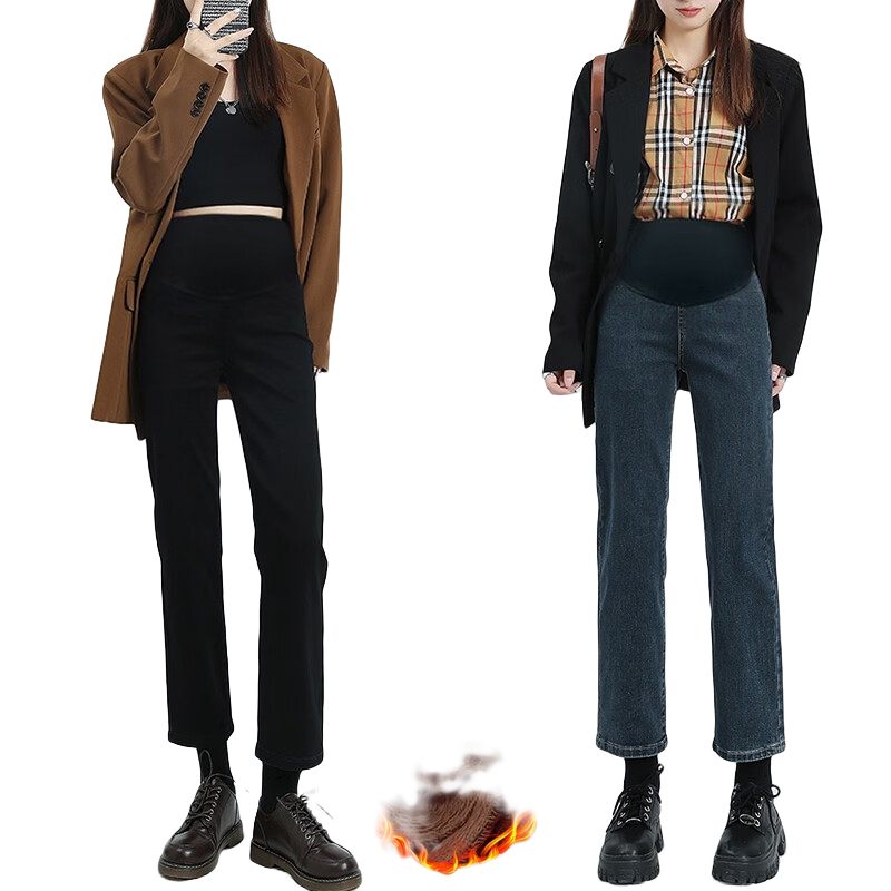 南叮雅格孕婦褲子秋冬外穿新款直筒褲九分牛仔褲加絨彈力煙管褲秋冬裝 黑色加絨款 L110-125斤